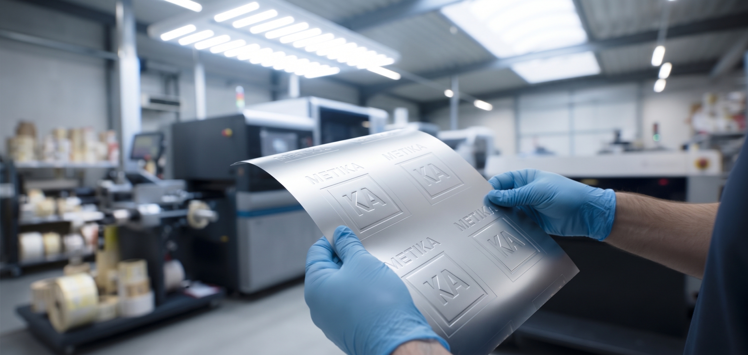 etiqueta metalica adhesiva brillante en proceso de fabricación
